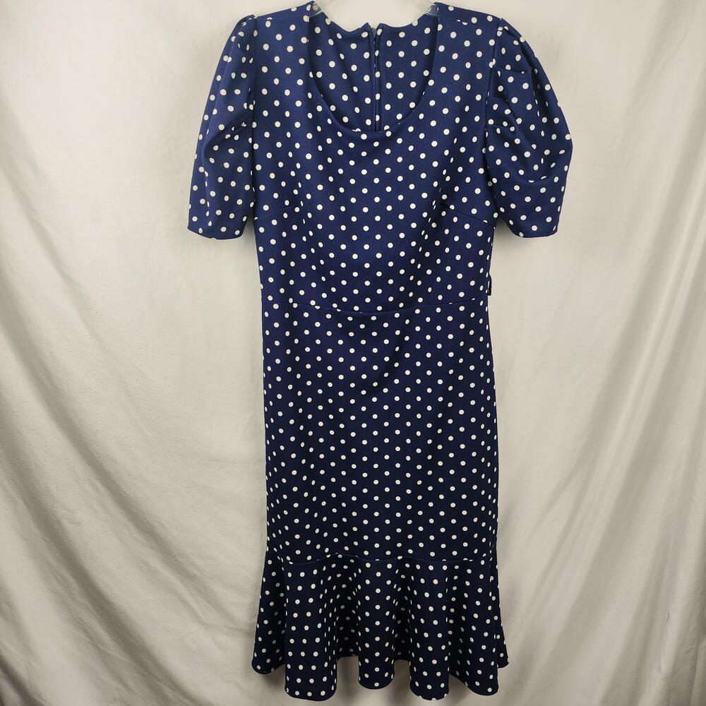Pyramide Dress Womens XL Blue White Polka Dot Mermaid Puff Sleeve Ruffle Hem